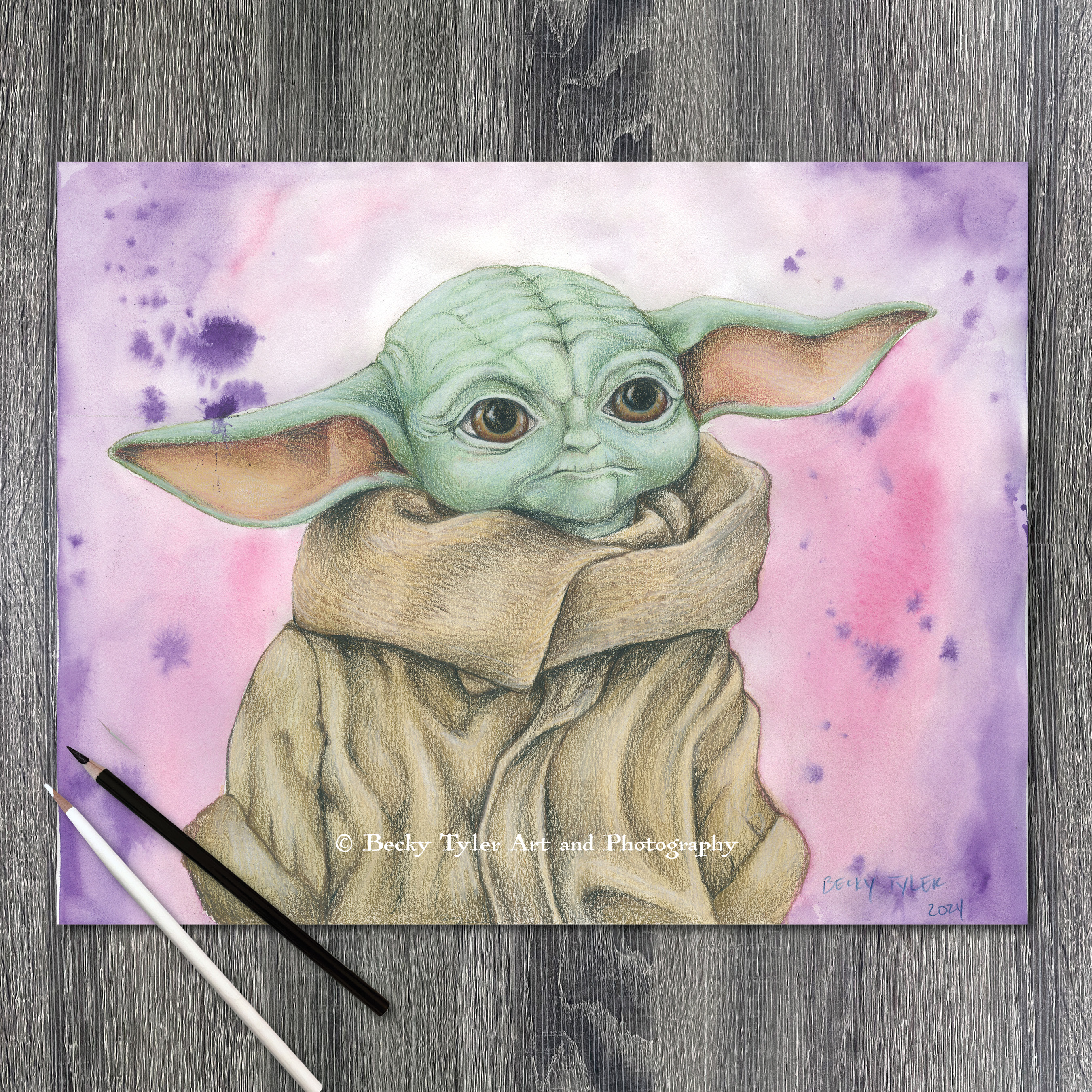 Grogu, Watercolor & Colored Pencil – Becky Tyler Art and Photography
